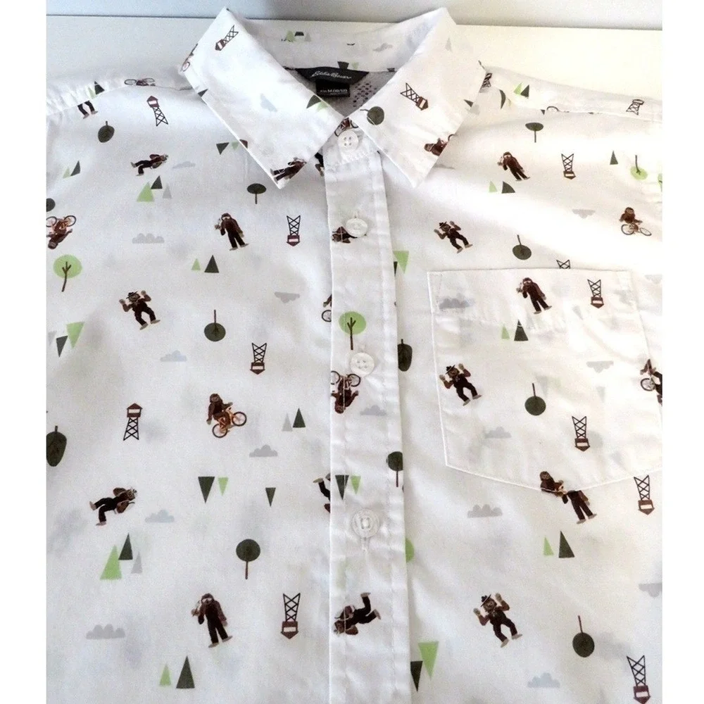 Eddie Bauer Boys M 10/12 Button Down Outdoor‎ Adventure Print Short Sleeve